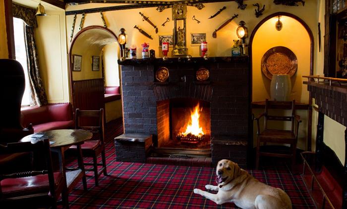Fireplace (and dog) in the bar